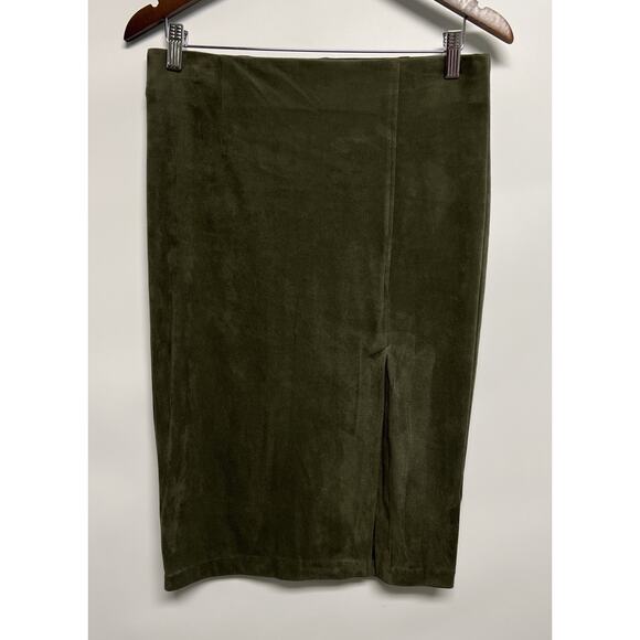 Vintage 90s Skirt Midi Faux Suede Olive Green Sz 8 Stretch Rockabilly Whimsigoth - Picture 2 of 9